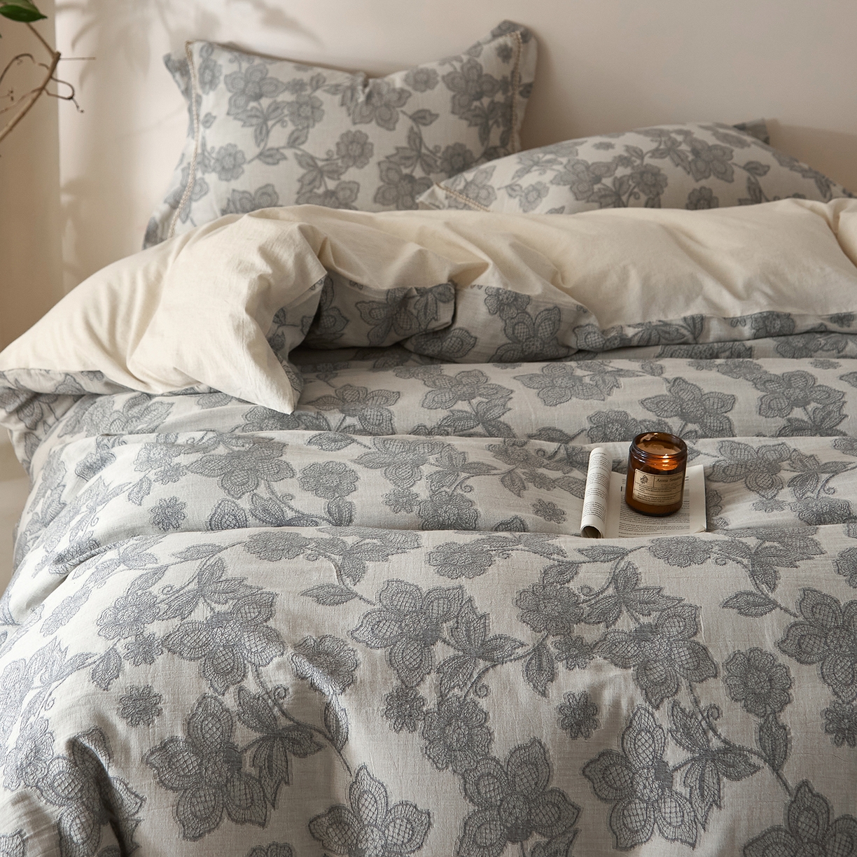 91家纺网 家纺一手货源 找家纺 莱豫家纺 2026新款A类亚麻棉麻色织提花工艺款四件套 冷香月灰