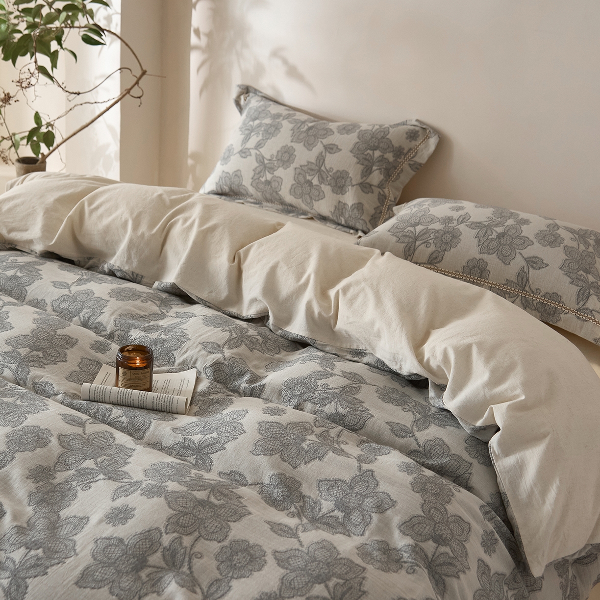 91家纺网 家纺一手货源 找家纺 莱豫家纺 2026新款A类亚麻棉麻色织提花工艺款四件套 冷香月灰