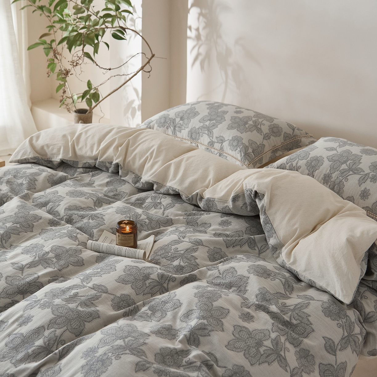 91家纺网 家纺一手货源 找家纺 莱豫家纺 2026新款A类亚麻棉麻色织提花工艺款四件套 冷香月灰