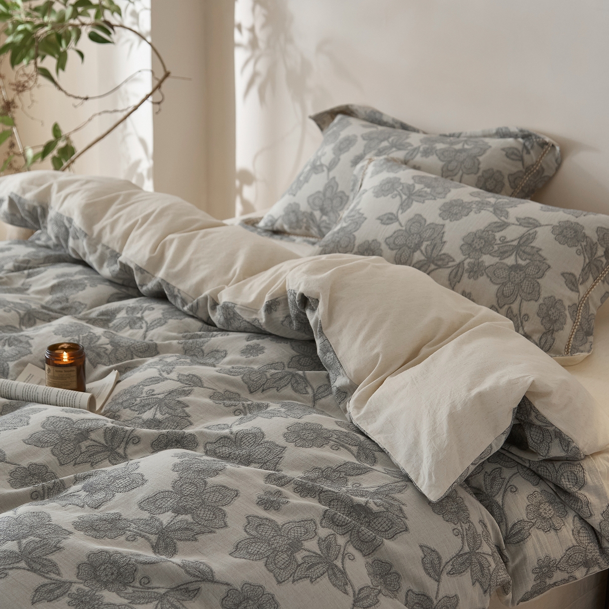 91家纺网 家纺一手货源 找家纺 莱豫家纺 2026新款A类亚麻棉麻色织提花工艺款四件套 冷香月灰