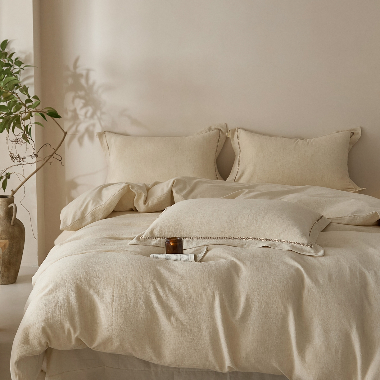 91家纺网 家纺一手货源 找家纺 莱豫家纺 2026新款A类亚麻棉麻色织提花工艺款四件套 梨月白 原色