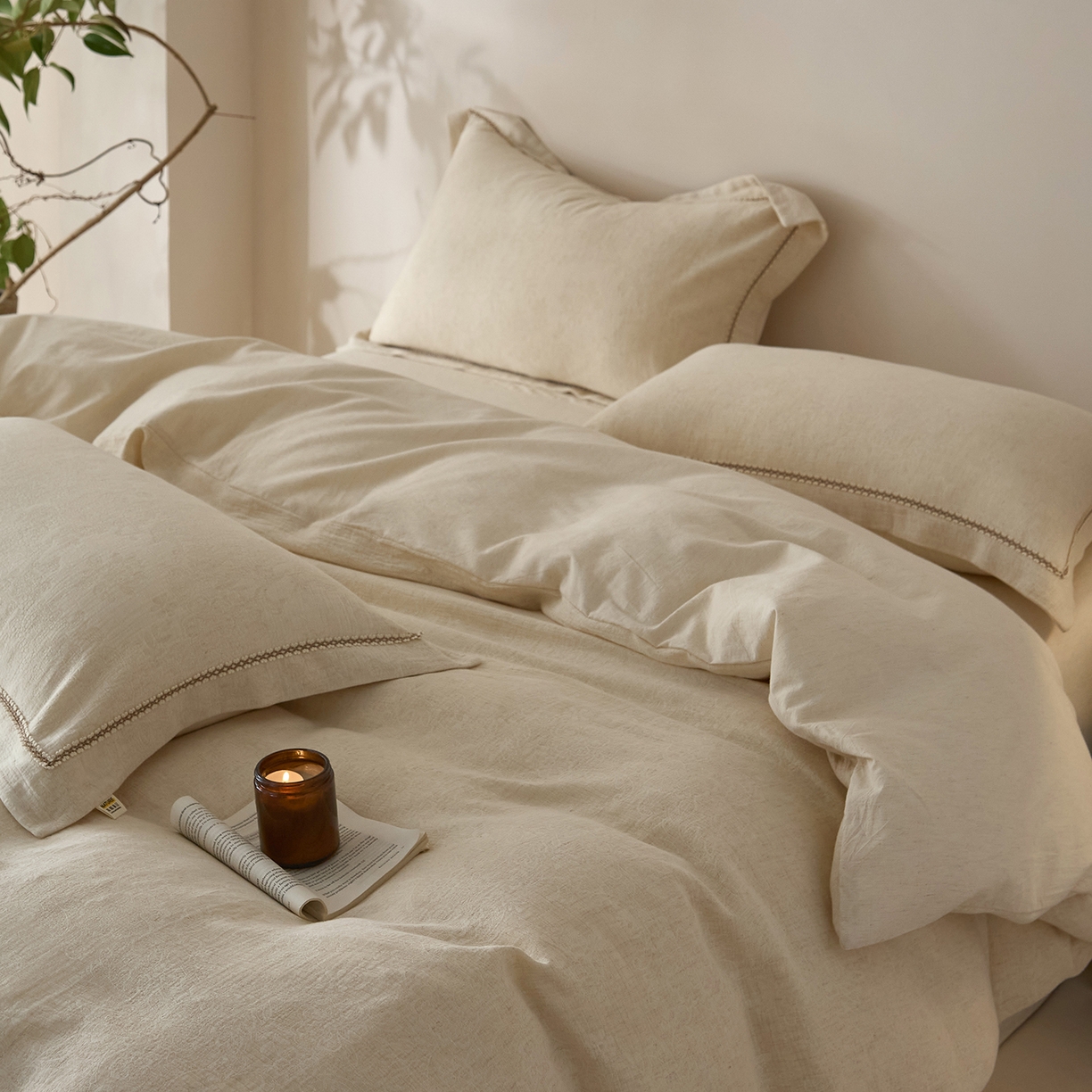 91家纺网 家纺一手货源 找家纺 莱豫家纺 2026新款A类亚麻棉麻色织提花工艺款四件套 梨月白 原色