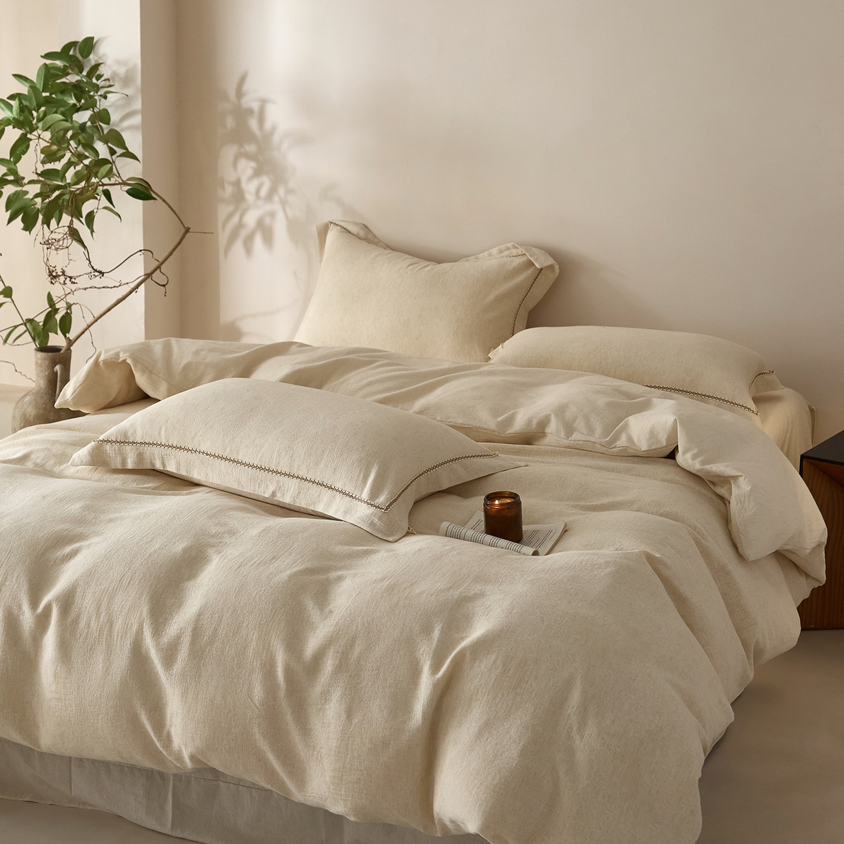 91家纺网 家纺一手货源 找家纺 莱豫家纺 2026新款A类亚麻棉麻色织提花工艺款四件套 梨月白 原色