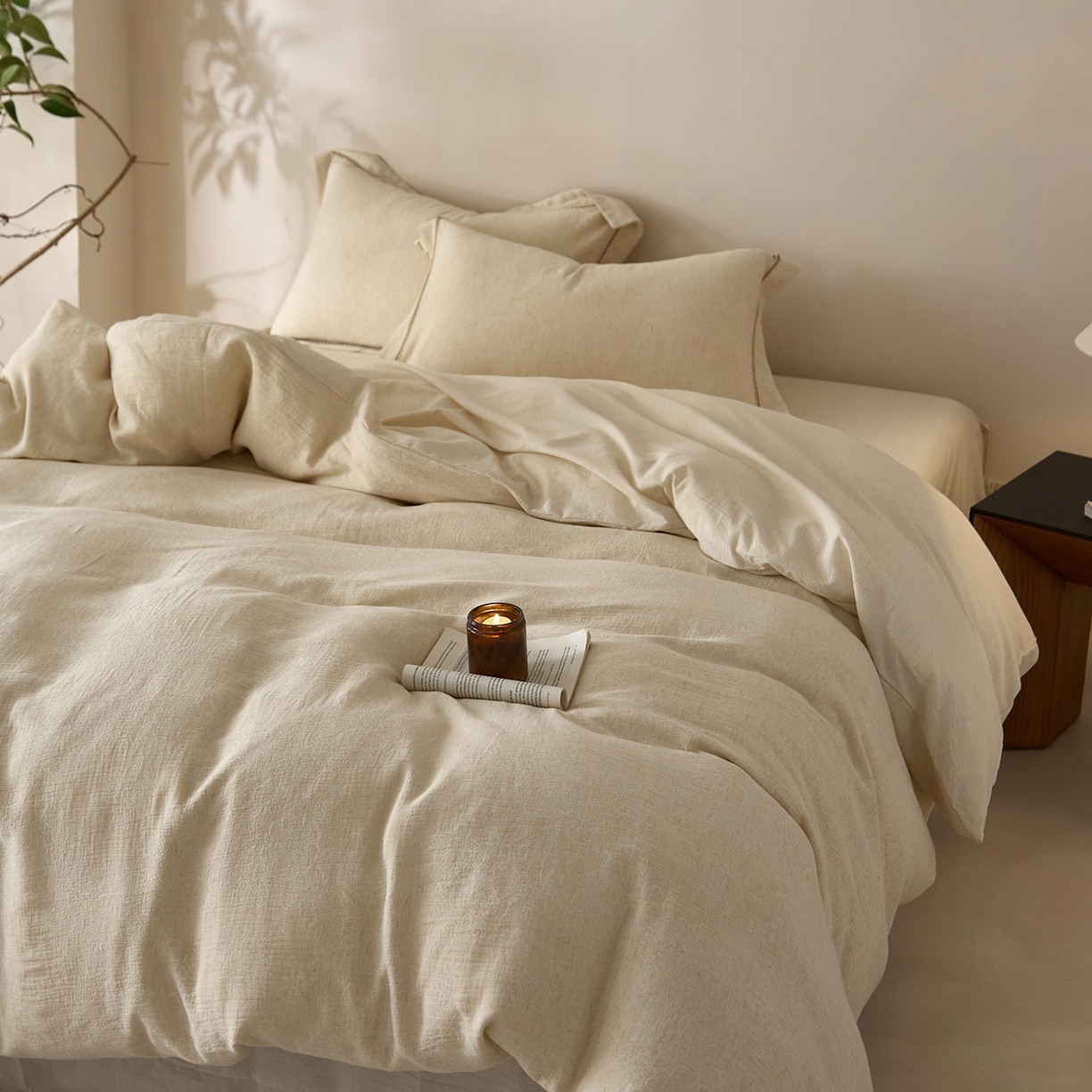 91家纺网 家纺一手货源 找家纺 莱豫家纺 2026新款A类亚麻棉麻色织提花工艺款四件套 梨月白 原色