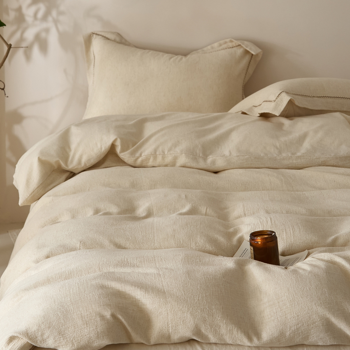 91家纺网 家纺一手货源 找家纺 莱豫家纺 2026新款A类亚麻棉麻色织提花工艺款四件套 梨月白 原色