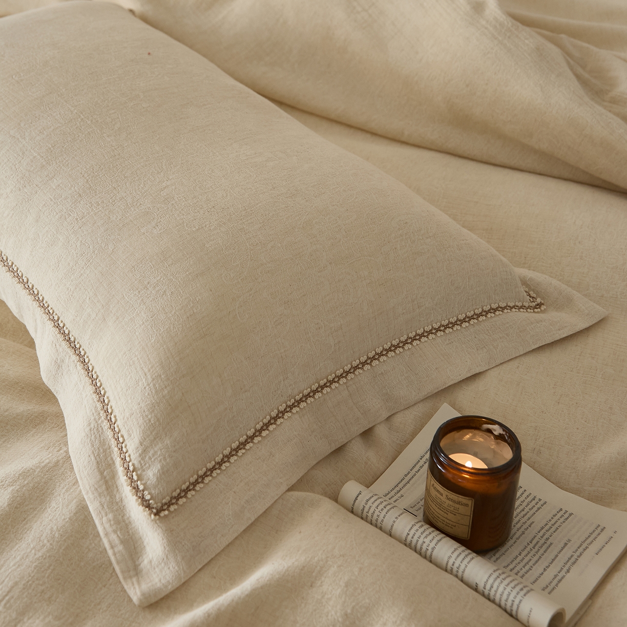 91家纺网 家纺一手货源 找家纺 莱豫家纺 2026新款A类亚麻棉麻色织提花工艺款四件套 梨月白 原色