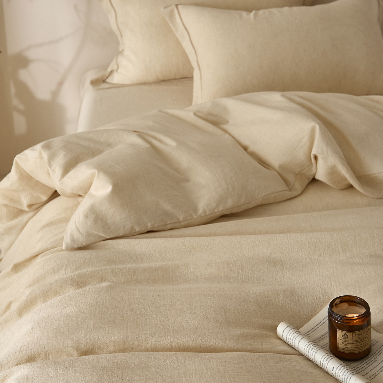 91家纺网 家纺一手货源 找家纺 莱豫家纺 2026新款A类亚麻棉麻色织提花工艺款四件套 梨月白 原色