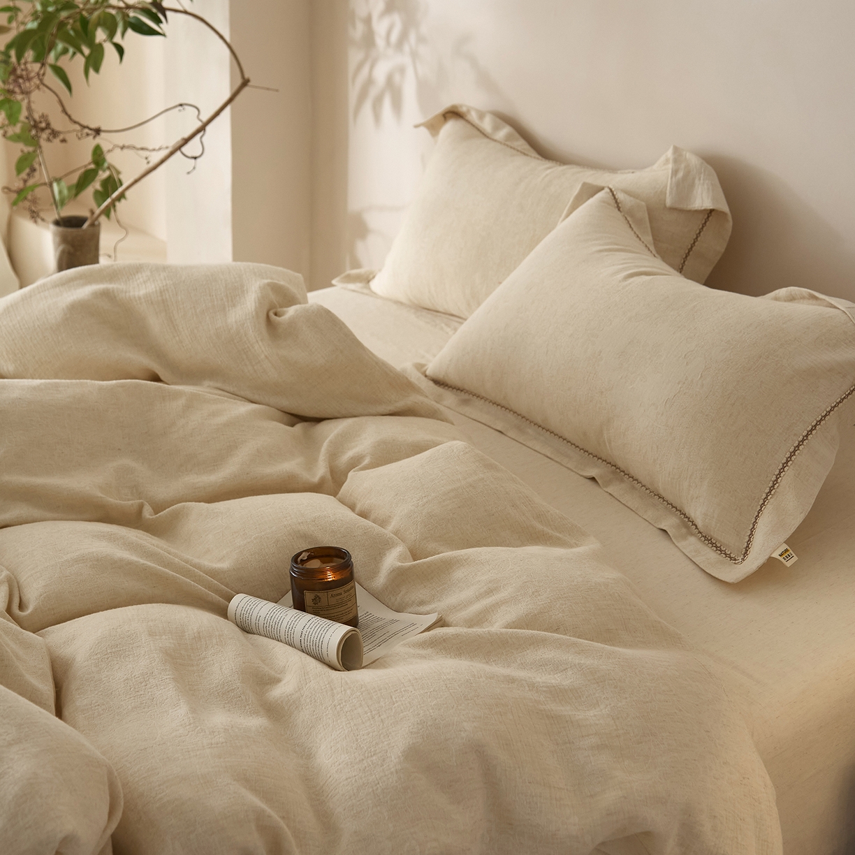 91家纺网 家纺一手货源 找家纺 莱豫家纺 2026新款A类亚麻棉麻色织提花工艺款四件套 梨月白 原色