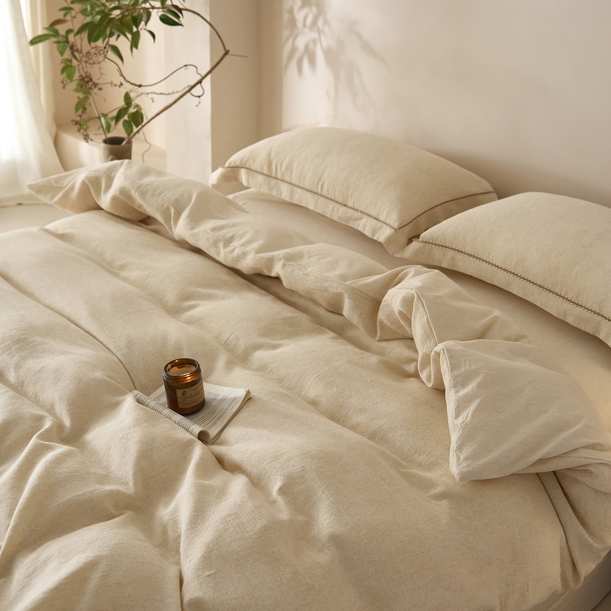 91家纺网 家纺一手货源 找家纺 莱豫家纺 2026新款A类亚麻棉麻色织提花工艺款四件套 梨月白 原色