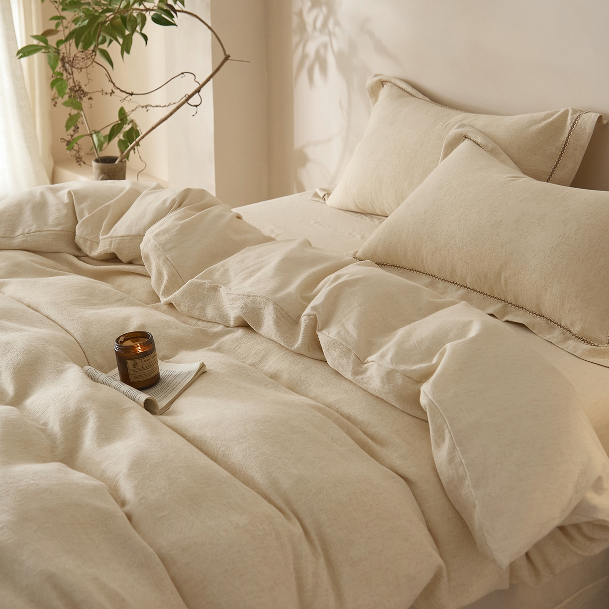 91家纺网 家纺一手货源 找家纺 莱豫家纺 2026新款A类亚麻棉麻色织提花工艺款四件套 梨月白 原色