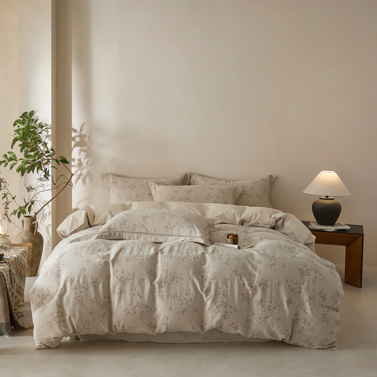 莱豫家纺 2026新款A类亚麻棉麻色织提花工艺款四件套 浅纱云咖