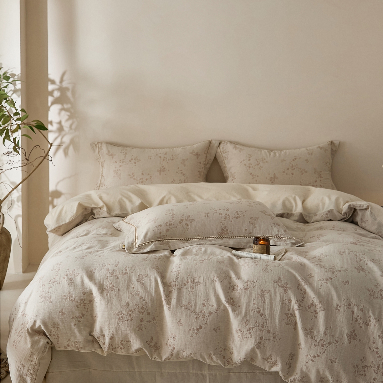 91家纺网 家纺一手货源 找家纺 莱豫家纺 2026新款A类亚麻棉麻色织提花工艺款四件套 浅纱云咖