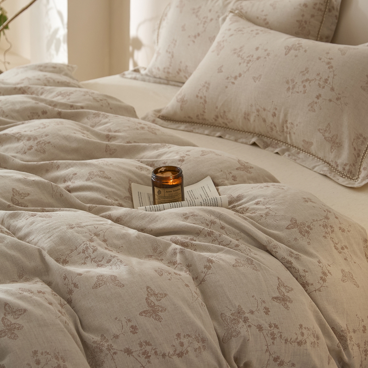 91家纺网 家纺一手货源 找家纺 莱豫家纺 2026新款A类亚麻棉麻色织提花工艺款四件套 浅纱云咖