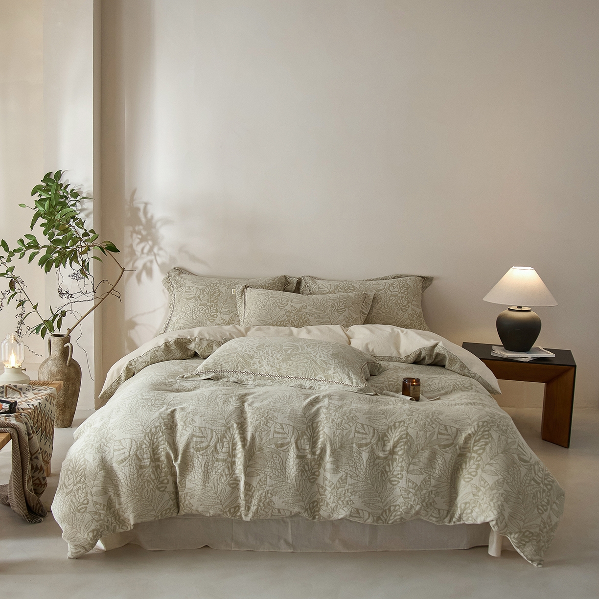 莱豫家纺 2026新款A类亚麻棉麻色织提花工艺款四件套 忆江南绿