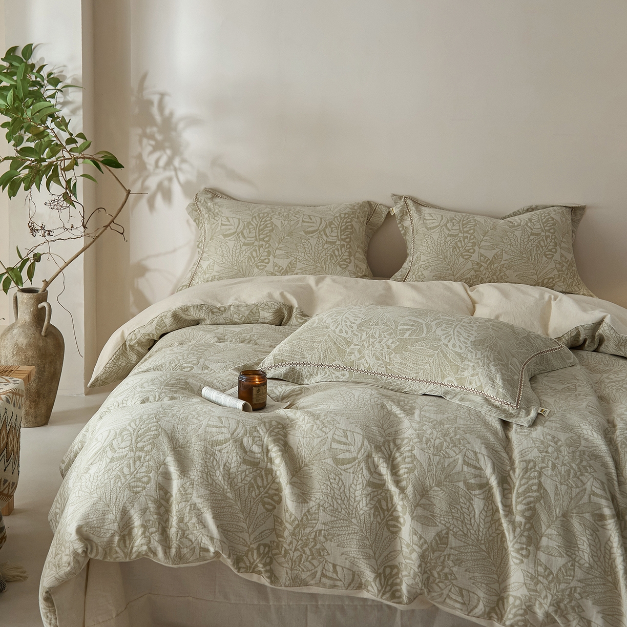 91家纺网 家纺一手货源 找家纺 莱豫家纺 2026新款A类亚麻棉麻色织提花工艺款四件套 忆江南绿