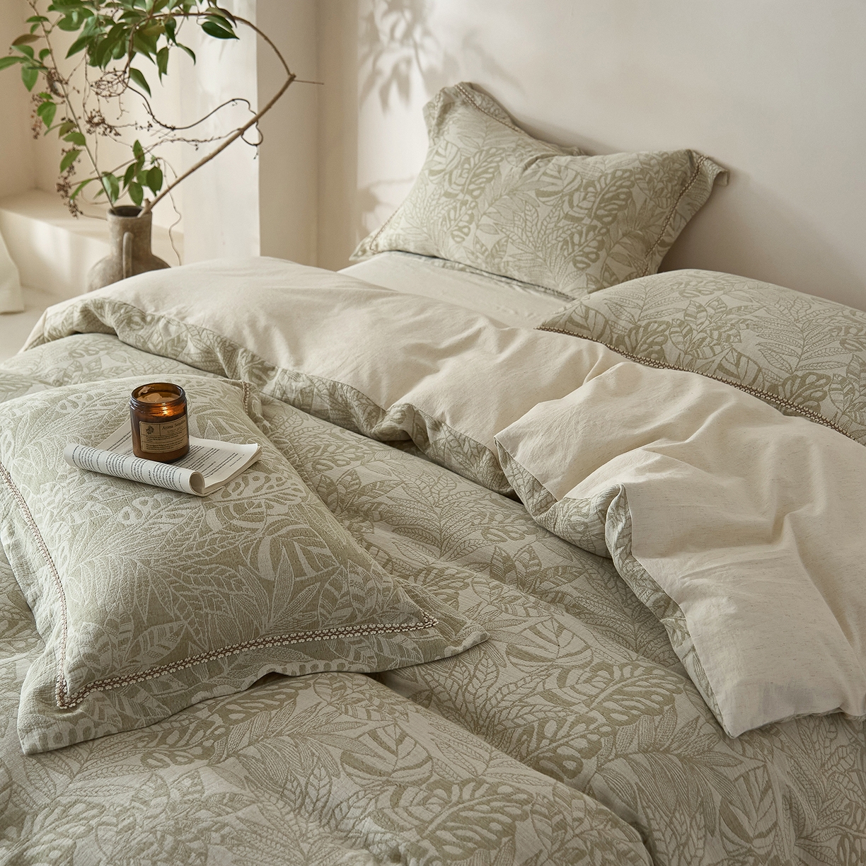 91家纺网 家纺一手货源 找家纺 莱豫家纺 2026新款A类亚麻棉麻色织提花工艺款四件套 忆江南绿