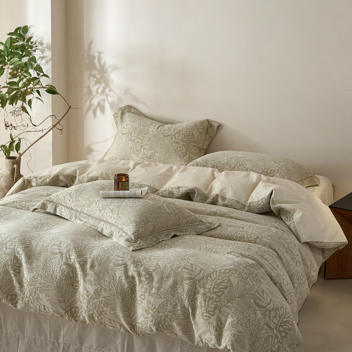 91家纺网 家纺一手货源 找家纺 莱豫家纺 2026新款A类亚麻棉麻色织提花工艺款四件套 忆江南绿