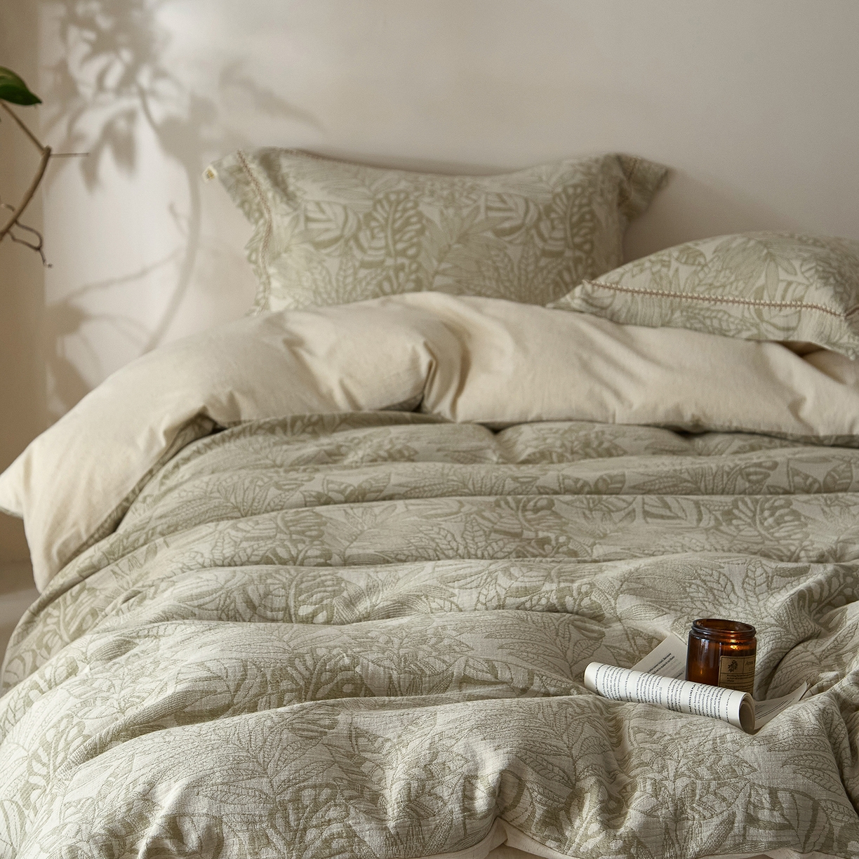 91家纺网 家纺一手货源 找家纺 莱豫家纺 2026新款A类亚麻棉麻色织提花工艺款四件套 忆江南绿