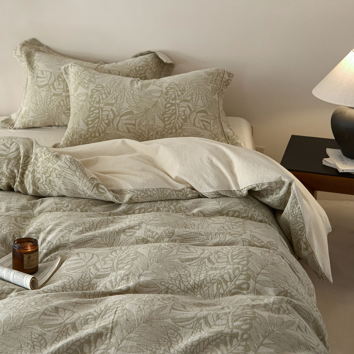 91家纺网 家纺一手货源 找家纺 莱豫家纺 2026新款A类亚麻棉麻色织提花工艺款四件套 忆江南绿