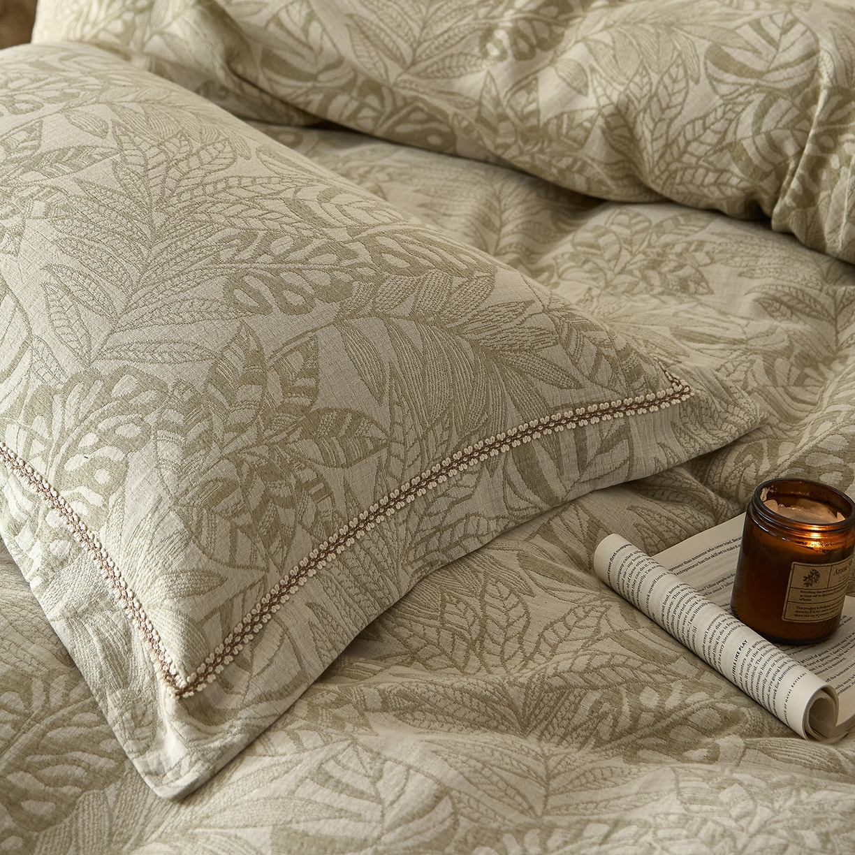 91家纺网 家纺一手货源 找家纺 莱豫家纺 2026新款A类亚麻棉麻色织提花工艺款四件套 忆江南绿