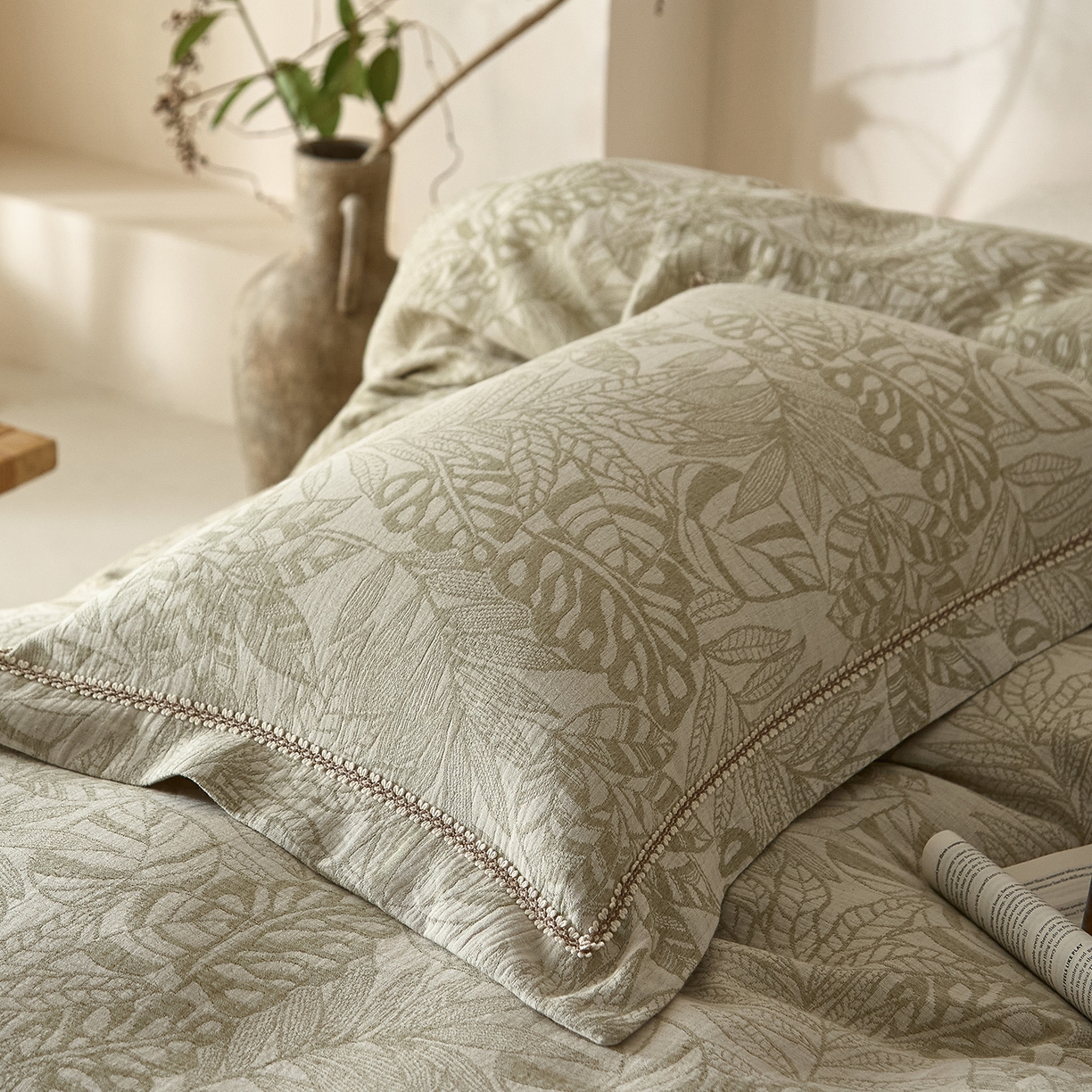 91家纺网 家纺一手货源 找家纺 莱豫家纺 2026新款A类亚麻棉麻色织提花工艺款四件套 忆江南绿