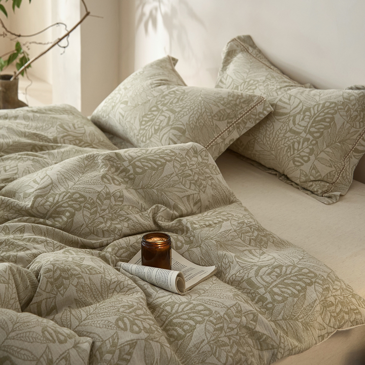 91家纺网 家纺一手货源 找家纺 莱豫家纺 2026新款A类亚麻棉麻色织提花工艺款四件套 忆江南绿