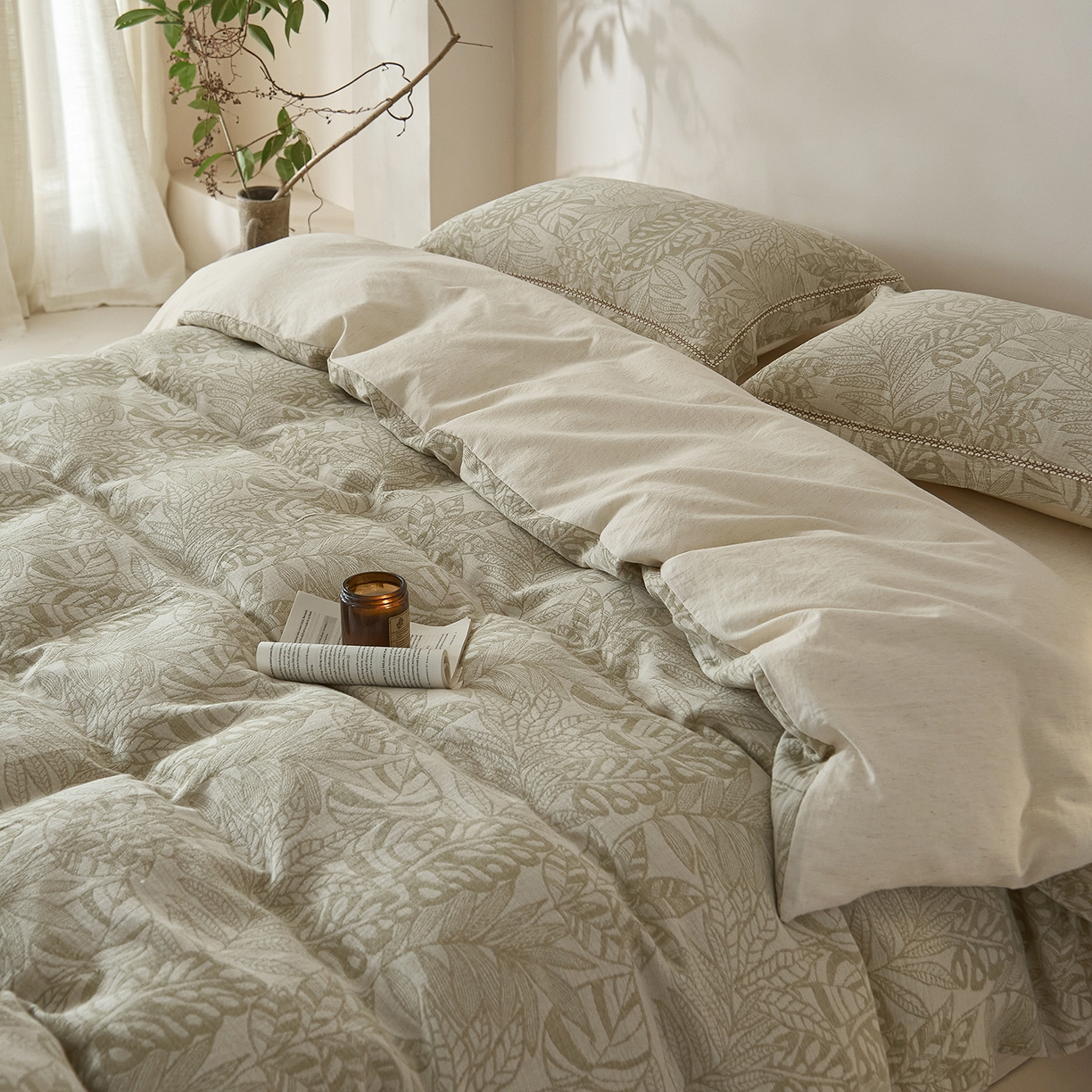 91家纺网 家纺一手货源 找家纺 莱豫家纺 2026新款A类亚麻棉麻色织提花工艺款四件套 忆江南绿