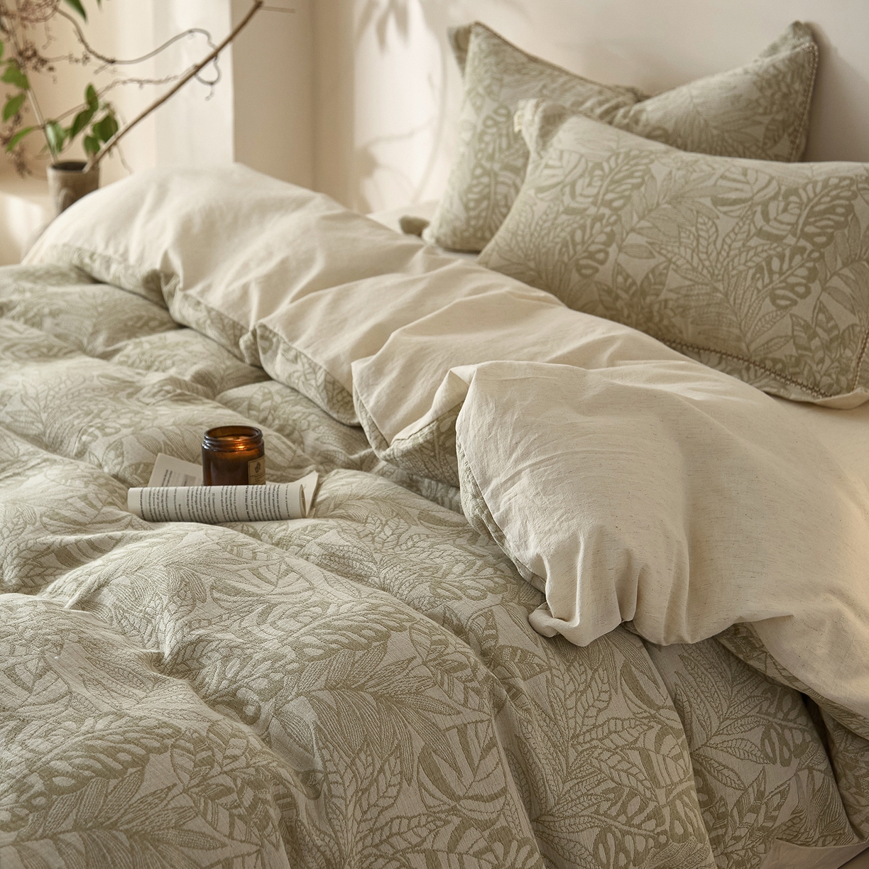 91家纺网 家纺一手货源 找家纺 莱豫家纺 2026新款A类亚麻棉麻色织提花工艺款四件套 忆江南绿