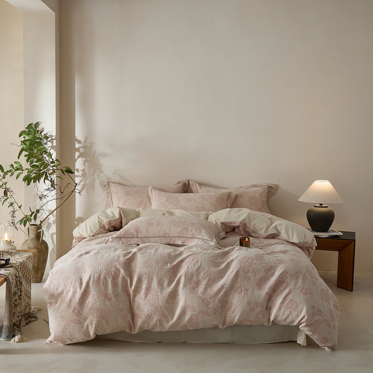 莱豫家纺 2026新款A类亚麻棉麻色织提花工艺款四件套 樱花调粉