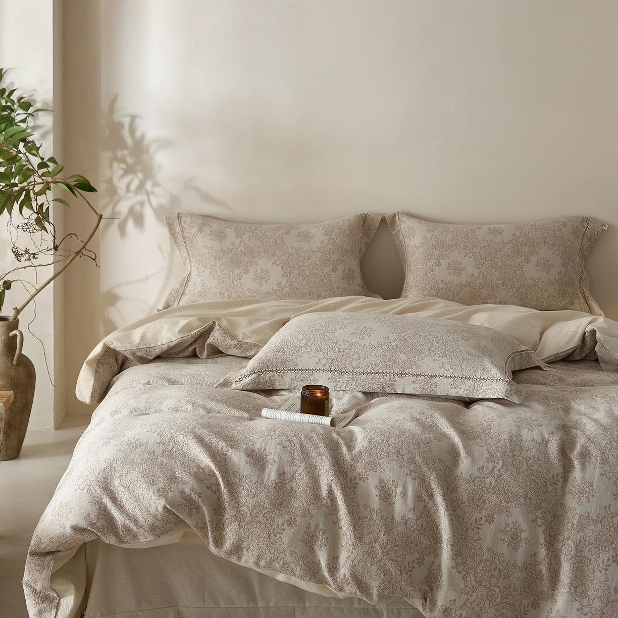 91家纺网 家纺一手货源 找家纺 莱豫家纺 2026新款A类亚麻棉麻色织提花工艺款四件套 长相思咖