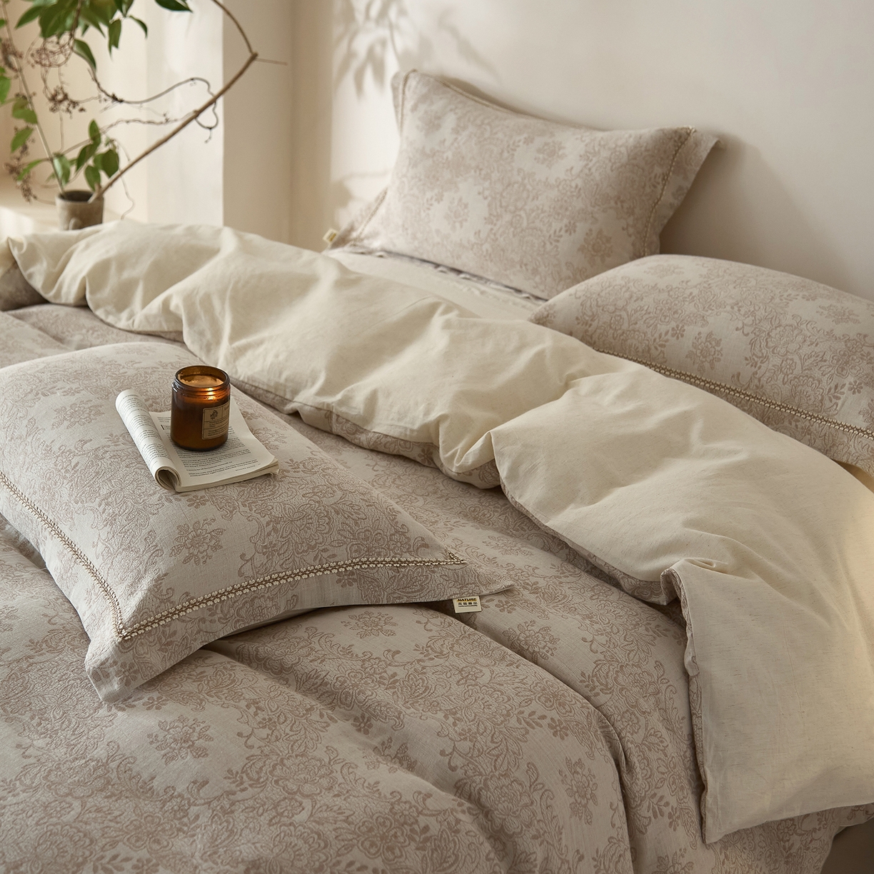 91家纺网 家纺一手货源 找家纺 莱豫家纺 2026新款A类亚麻棉麻色织提花工艺款四件套 长相思咖