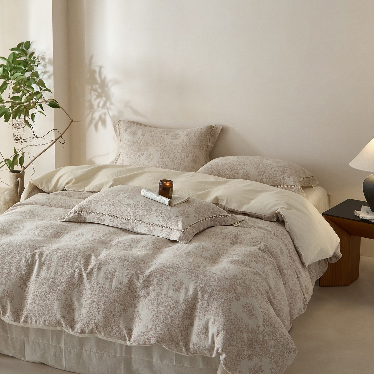 91家纺网 家纺一手货源 找家纺 莱豫家纺 2026新款A类亚麻棉麻色织提花工艺款四件套 长相思咖