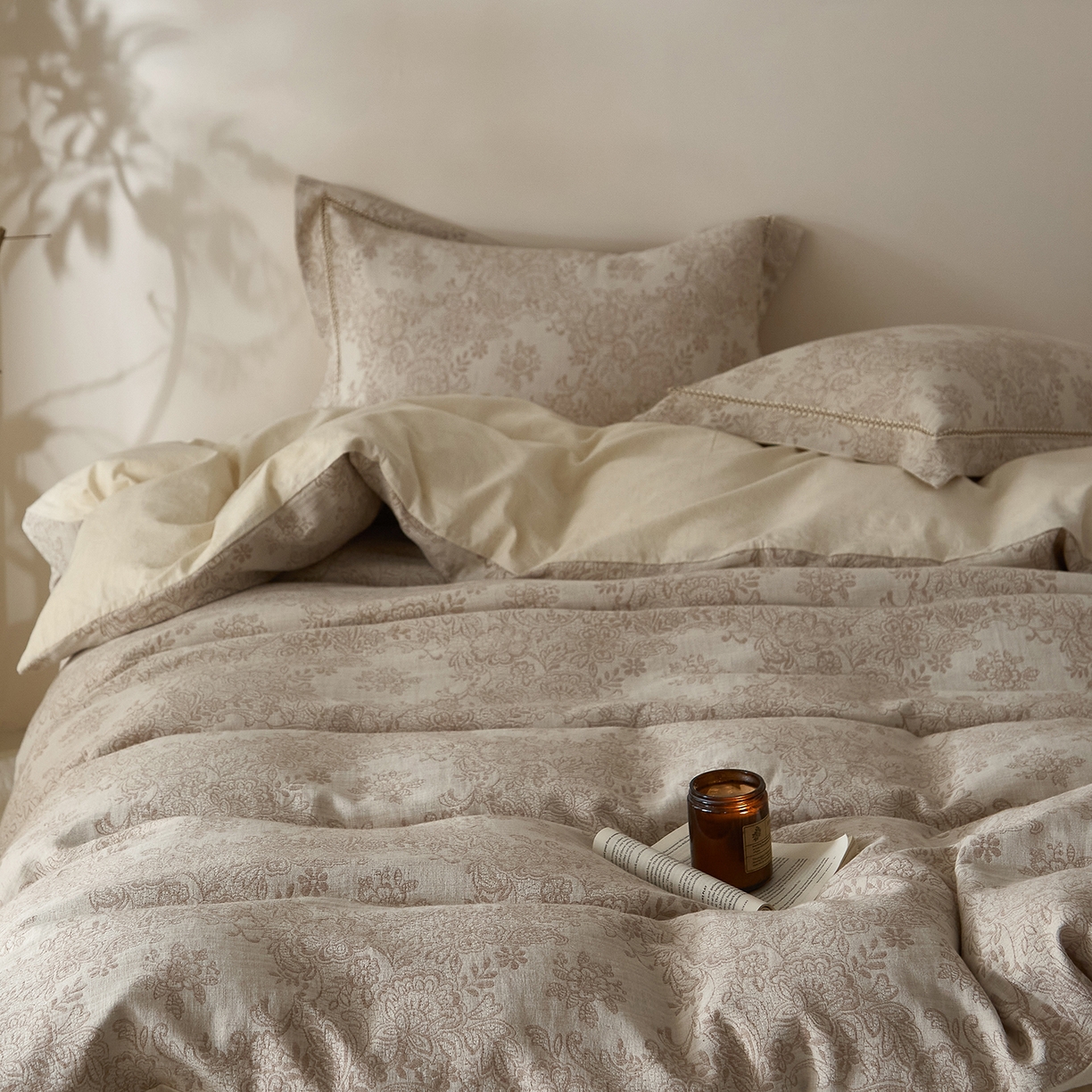 91家纺网 家纺一手货源 找家纺 莱豫家纺 2026新款A类亚麻棉麻色织提花工艺款四件套 长相思咖