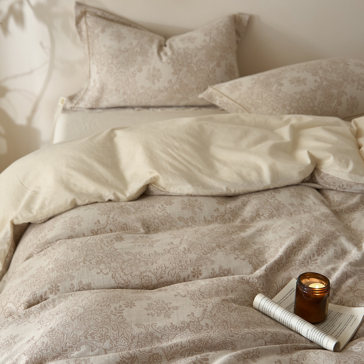 91家纺网 家纺一手货源 找家纺 莱豫家纺 2026新款A类亚麻棉麻色织提花工艺款四件套 长相思咖