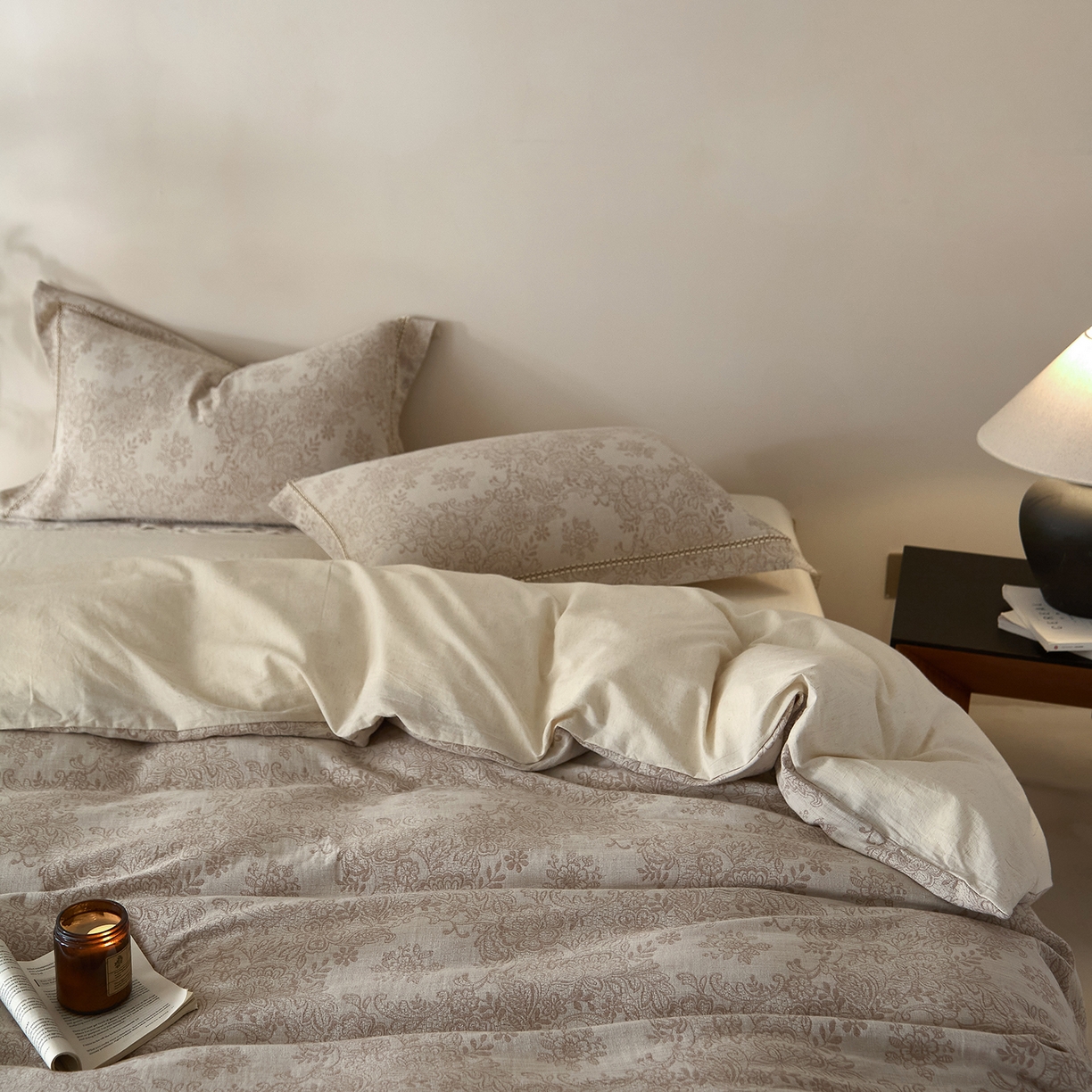 91家纺网 家纺一手货源 找家纺 莱豫家纺 2026新款A类亚麻棉麻色织提花工艺款四件套 长相思咖