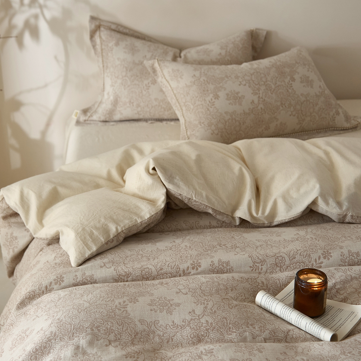 91家纺网 家纺一手货源 找家纺 莱豫家纺 2026新款A类亚麻棉麻色织提花工艺款四件套 长相思咖