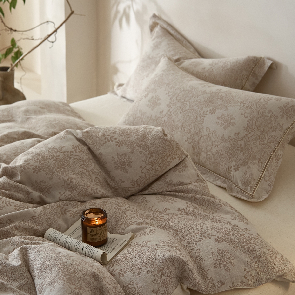 91家纺网 家纺一手货源 找家纺 莱豫家纺 2026新款A类亚麻棉麻色织提花工艺款四件套 长相思咖