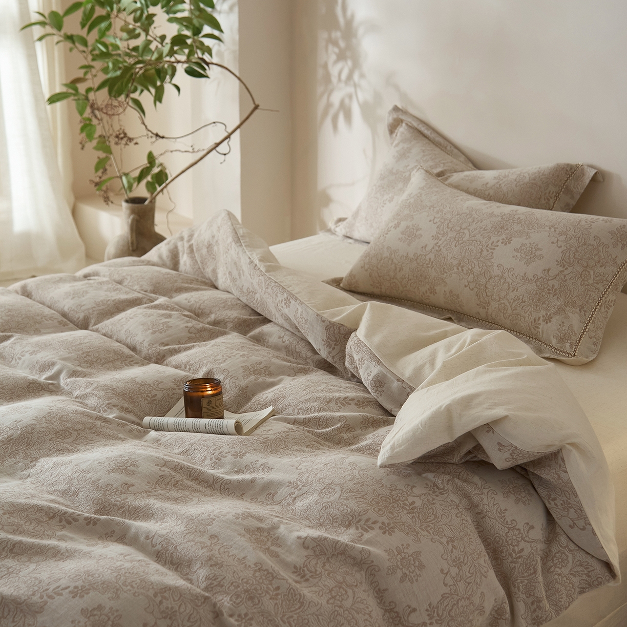 91家纺网 家纺一手货源 找家纺 莱豫家纺 2026新款A类亚麻棉麻色织提花工艺款四件套 长相思咖