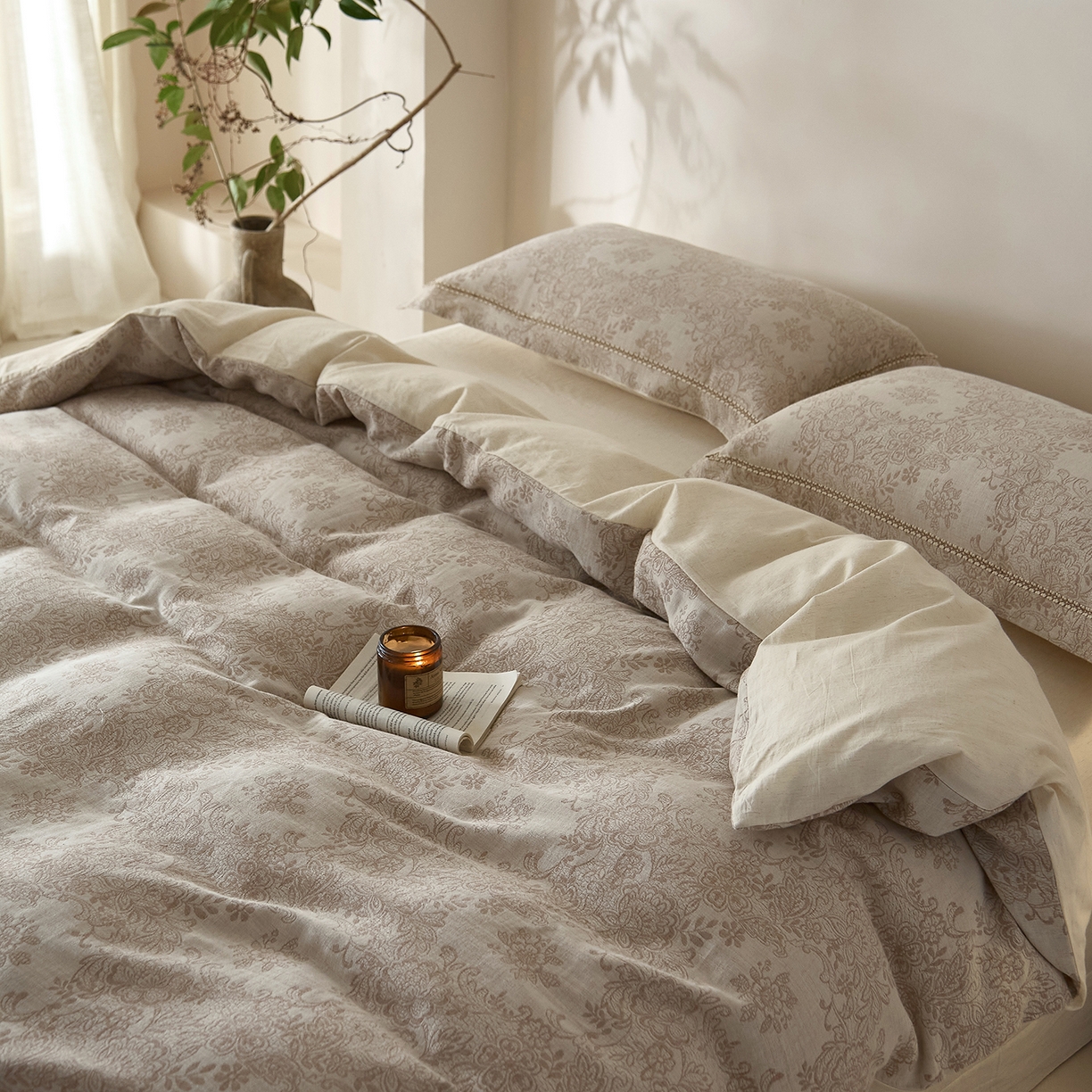 91家纺网 家纺一手货源 找家纺 莱豫家纺 2026新款A类亚麻棉麻色织提花工艺款四件套 长相思咖