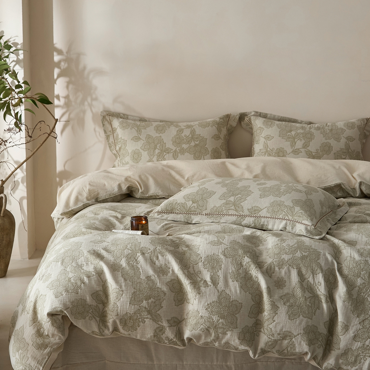 91家纺网 家纺一手货源 找家纺 莱豫家纺 2026新款A类亚麻棉麻色织提花工艺款四件套 织花锦绿