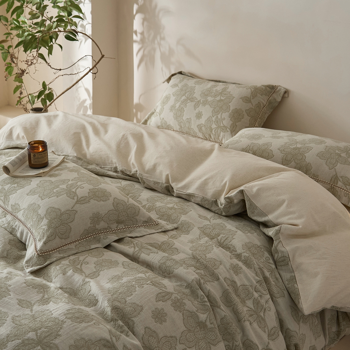 91家纺网 家纺一手货源 找家纺 莱豫家纺 2026新款A类亚麻棉麻色织提花工艺款四件套 织花锦绿