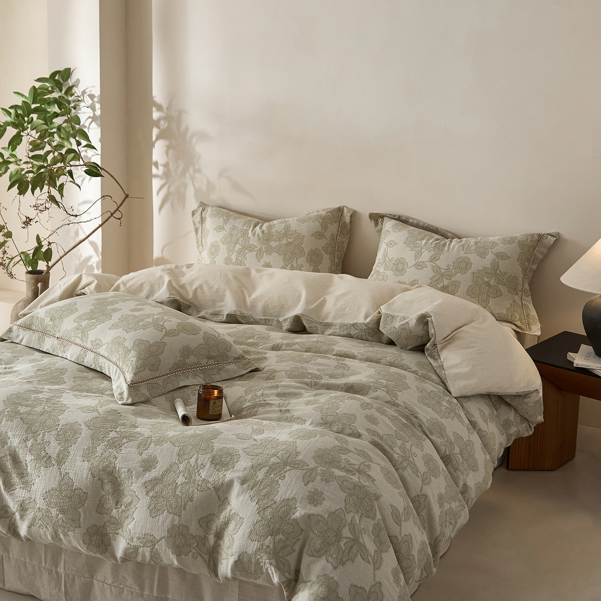 91家纺网 家纺一手货源 找家纺 莱豫家纺 2026新款A类亚麻棉麻色织提花工艺款四件套 织花锦绿