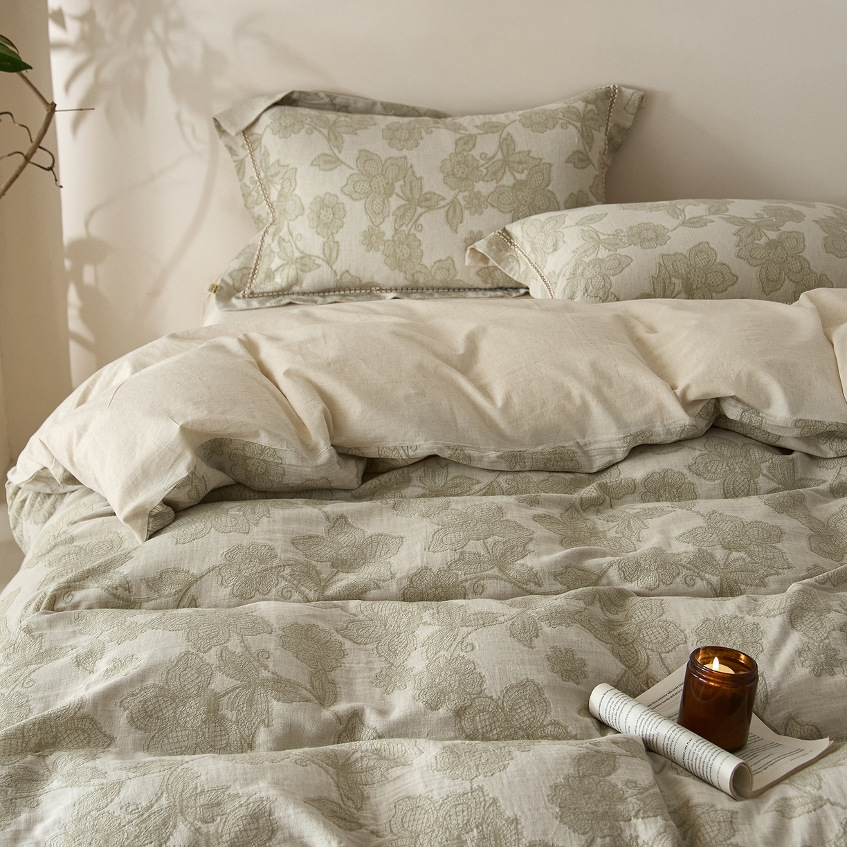 91家纺网 家纺一手货源 找家纺 莱豫家纺 2026新款A类亚麻棉麻色织提花工艺款四件套 织花锦绿