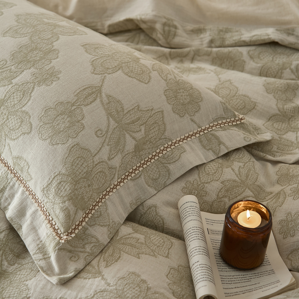 91家纺网 家纺一手货源 找家纺 莱豫家纺 2026新款A类亚麻棉麻色织提花工艺款四件套 织花锦绿