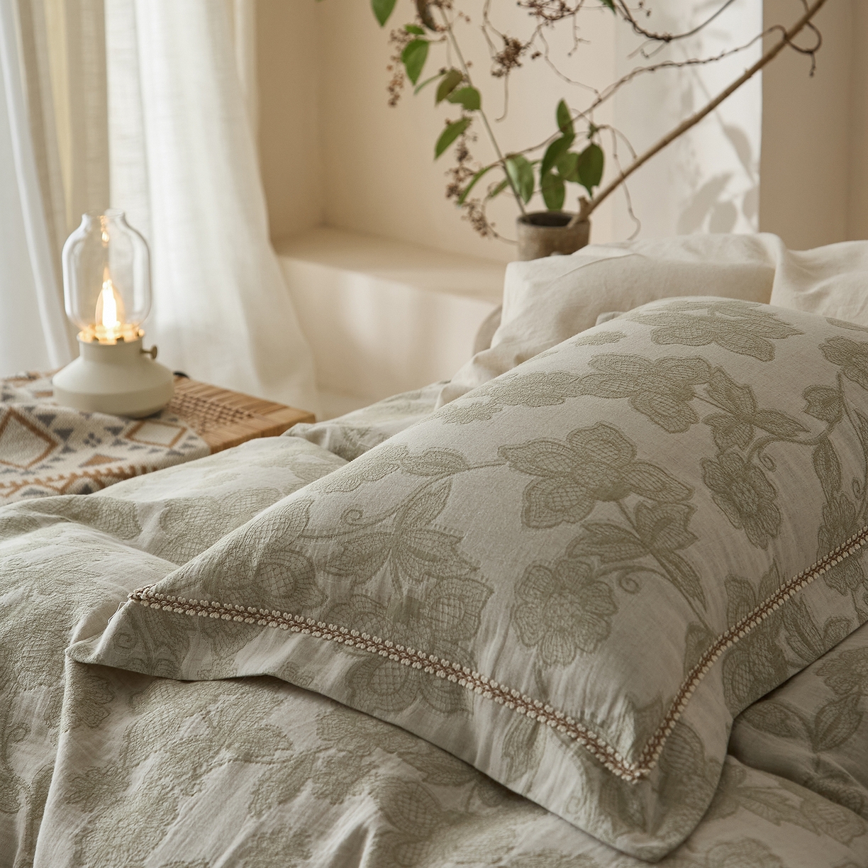 91家纺网 家纺一手货源 找家纺 莱豫家纺 2026新款A类亚麻棉麻色织提花工艺款四件套 织花锦绿