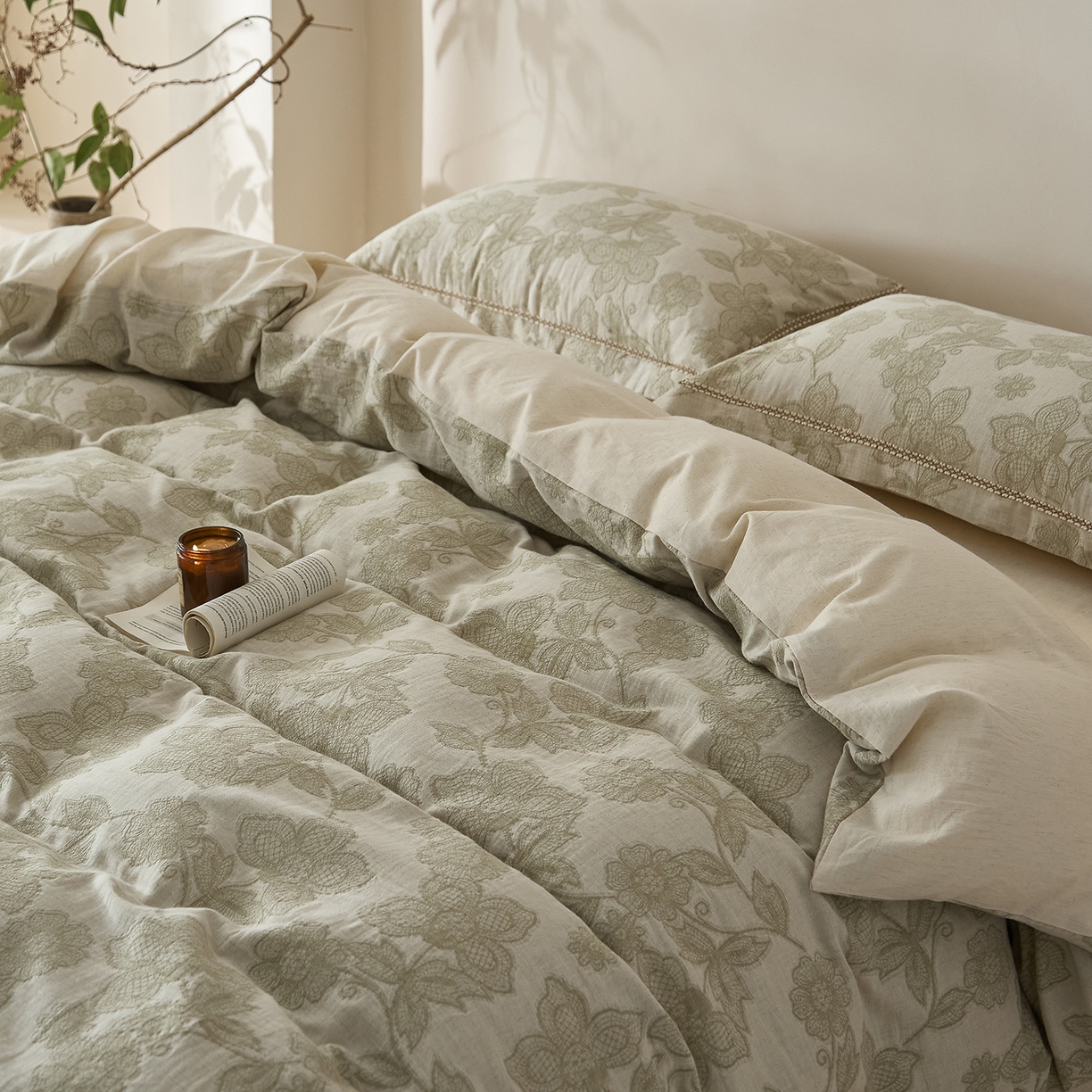 91家纺网 家纺一手货源 找家纺 莱豫家纺 2026新款A类亚麻棉麻色织提花工艺款四件套 织花锦绿