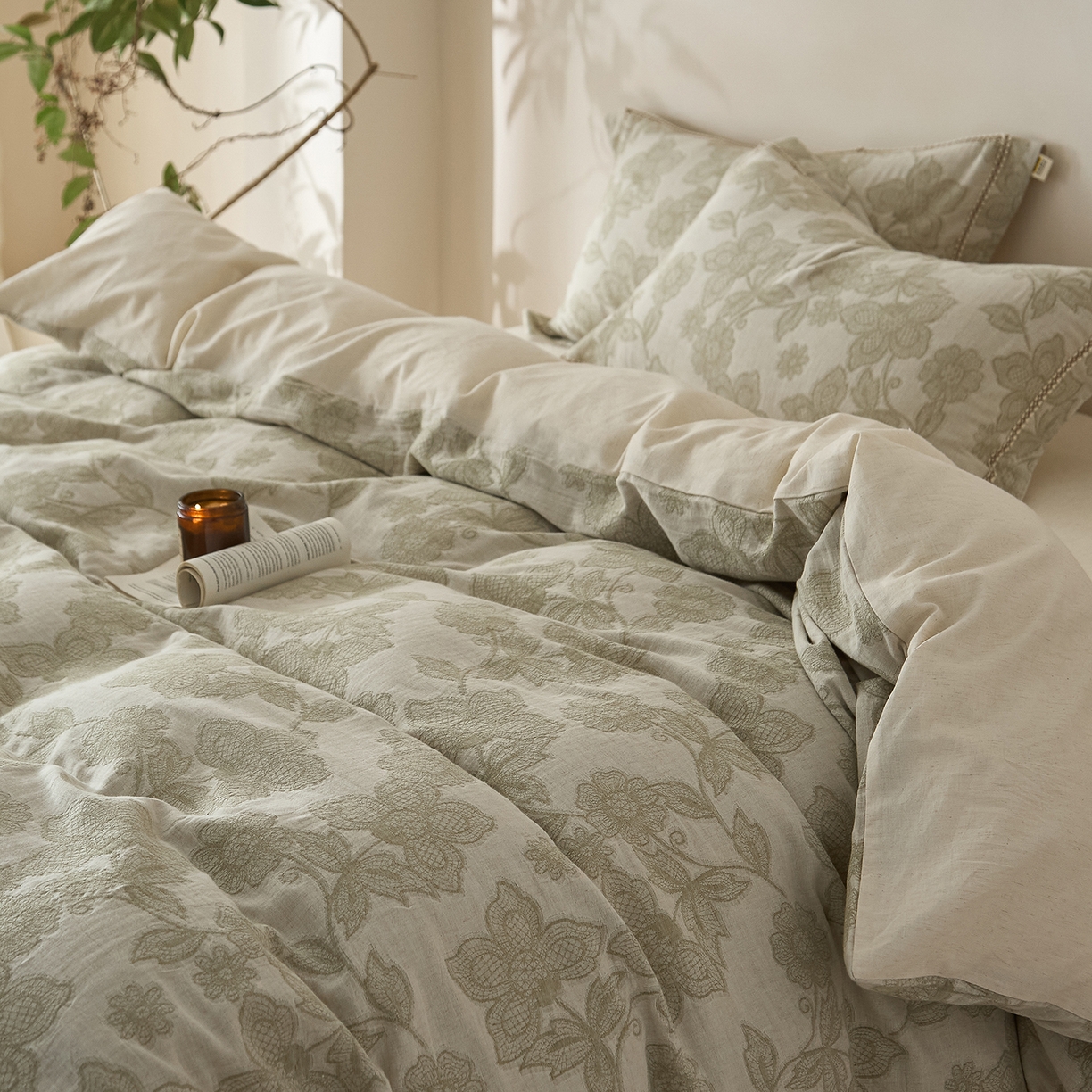 91家纺网 家纺一手货源 找家纺 莱豫家纺 2026新款A类亚麻棉麻色织提花工艺款四件套 织花锦绿