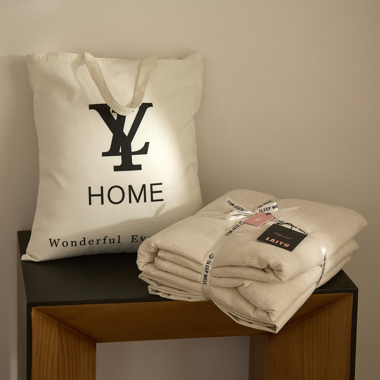 91家纺网 家纺一手货源 找家纺 莱豫家纺 2026新款A类亚麻棉麻色织提花工艺款四件套 包装图