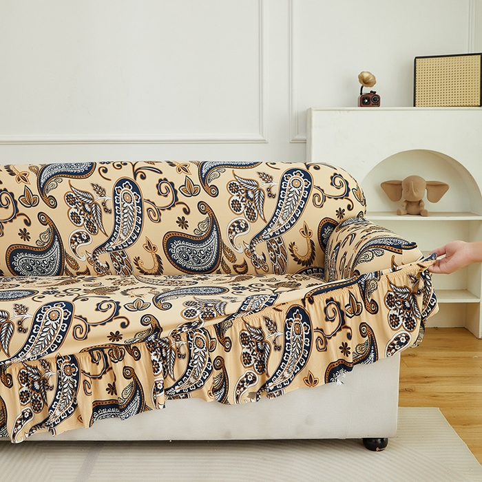 91家纺网 家纺一手货源 找家纺 逐日沙发套 2026新款牛奶丝印花-裙摆沙发套 腰果花