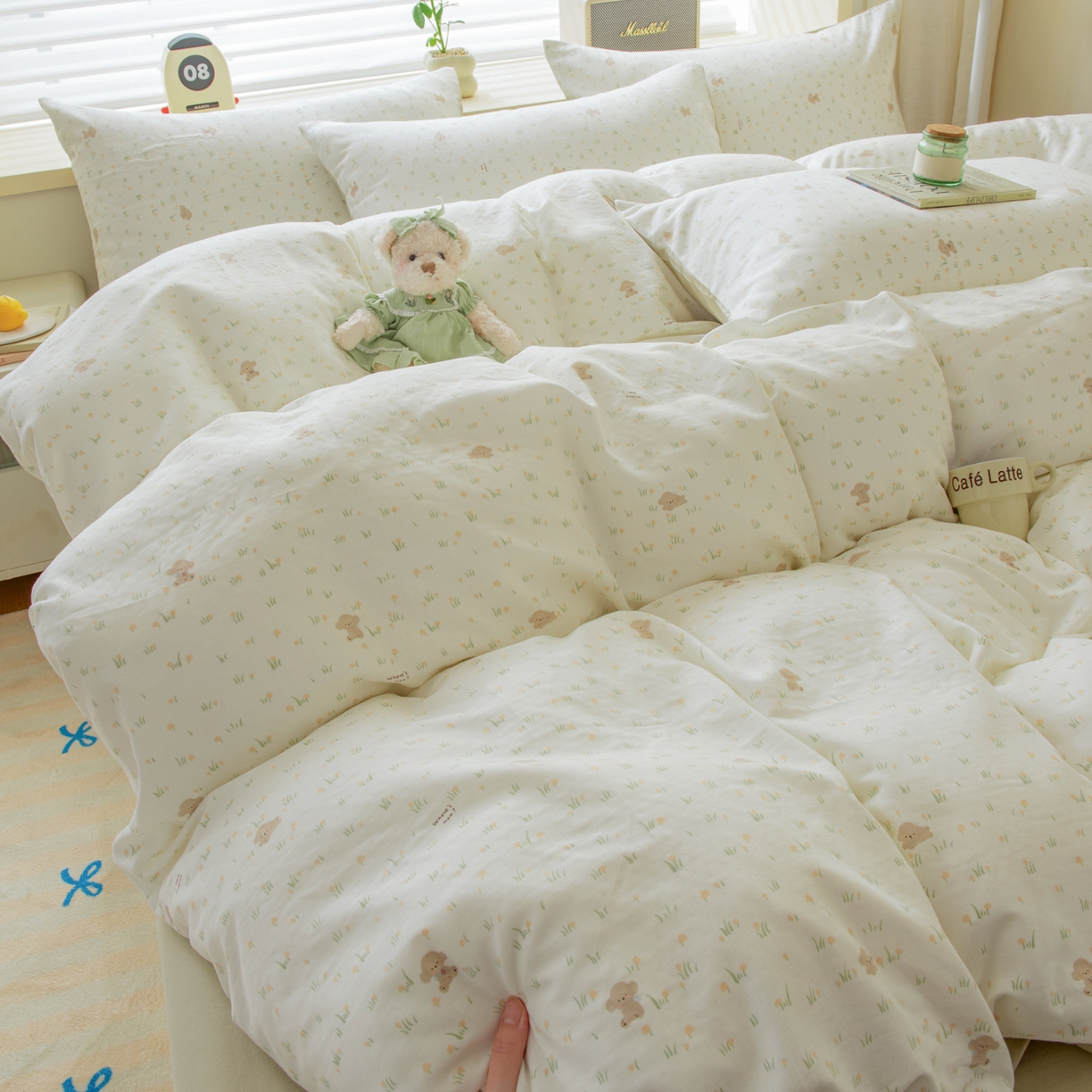 91家纺网 家纺一手货源 找家纺 雯雨家纺 2026春夏新款A类全棉有氧双层纱印花简约款四件套 田园小熊